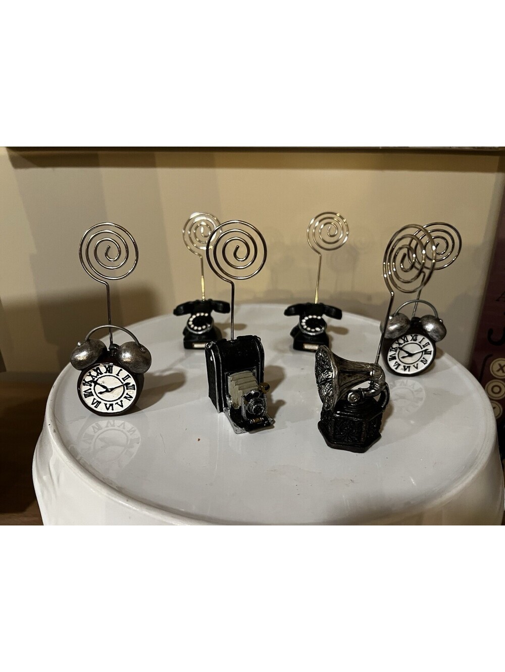 Set 6 Mini Silver Spiral Photo table Card Holders Telephone Clock phonograph